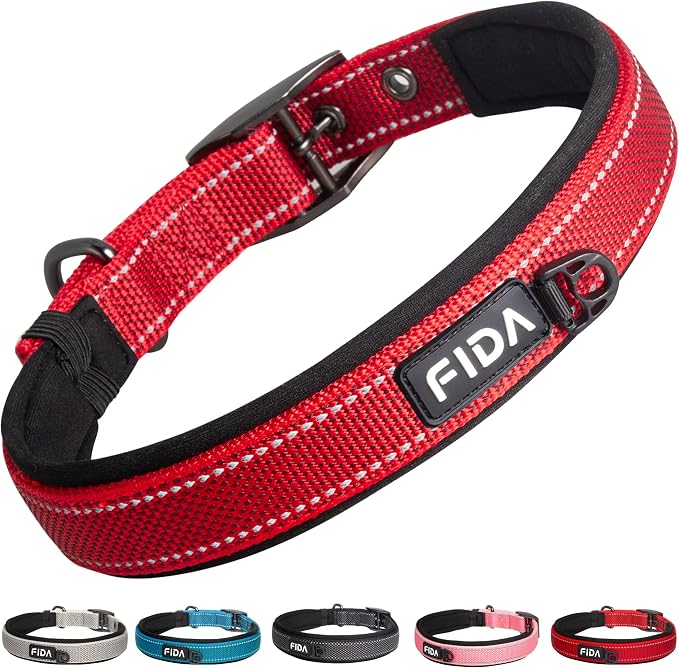 Fida Padded Dog Collar for Small Dogs with Metal Belt Buckle, Red | Soft Neoprene Padded for Extra Comfort, Durable Nylon Webbing, Adjustable Fit, Reflective Stitching for Night Safety