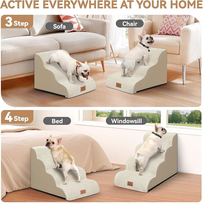 Zerbuger Dog Ramp and Stair for Bed 16" H-20 H,3-Step Cat Stair for Sofa and Chair,4-Step Dog Ramp for High Bed and Window,Durable Nonslip Fabric Cover for Indoor (Beige-16 H, Pet Friendly, 3)