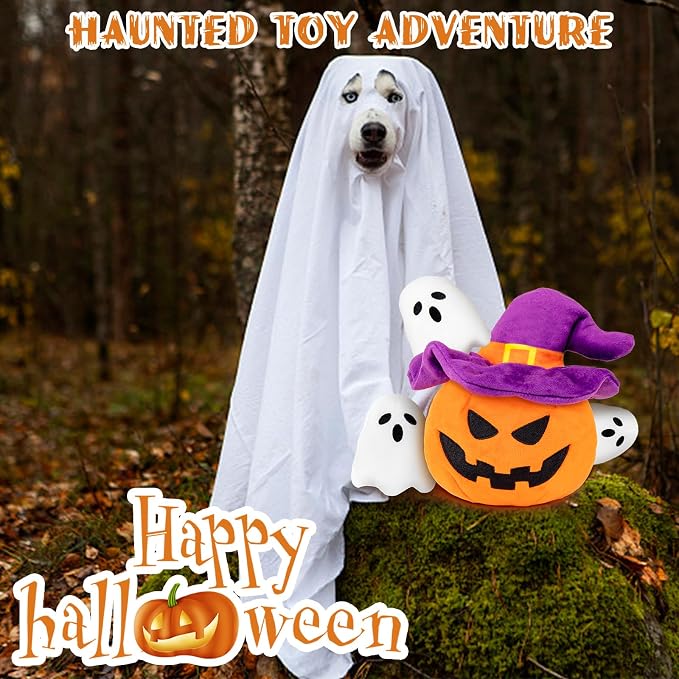 lilfrd Halloween Dog Toys, Pumpkin Ghost Hide & Seek Squeaky Toy | Mental Stimulating Puzzle Design, Durable Plush Material, Suitable for Small Medium Large Dogs