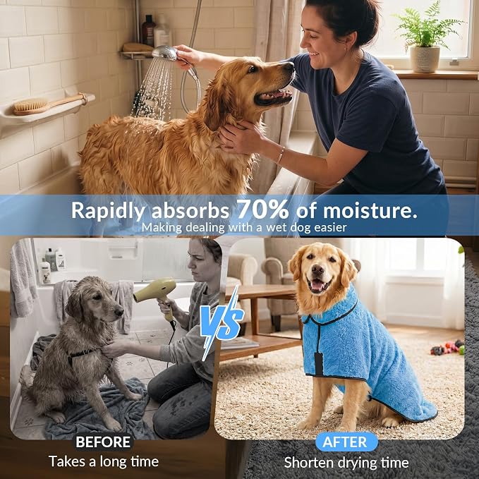 Bienbee Dog Bathrobe, Quick Drying Super Absorbent Pet Robes for Small Medium Large Dogs, Drying Coat for After Bath & Swim, Warm & Cozy Dogs Towels, Dog Puppy Bath Supplies, Light Blue XXL