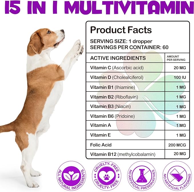 15-in-1 Dog Multivitamin Drops, Liquid Multivitamin Drops for Dogs, 2 oz | with Glucosamine, MSM & Omega for Joint, Heart, Immune & Skin Health, Easy Liquid Drops for Picky Eaters, All Ages, Breeds