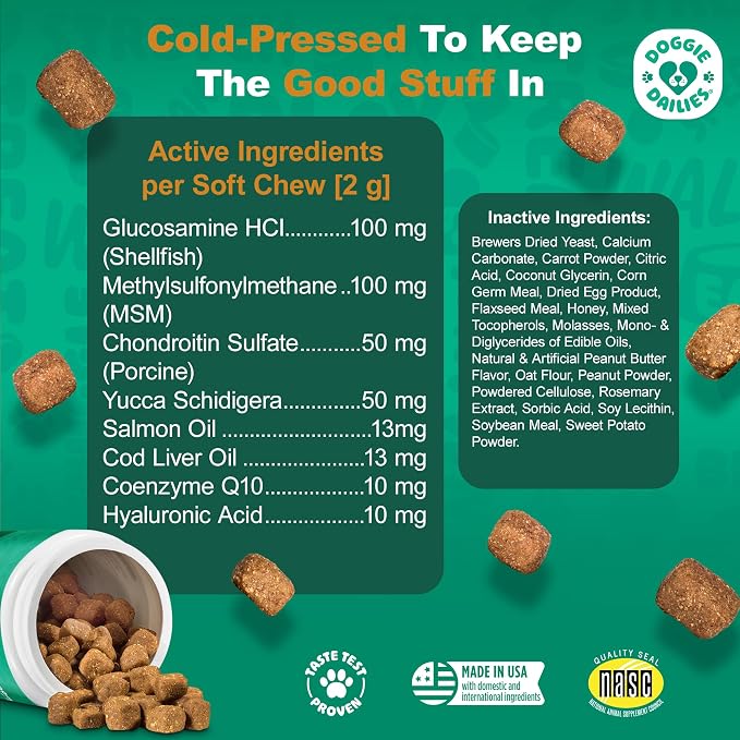 Doggie Dailies Hip & Joint Chews for Dogs, Peanut Butter Flavor, 225 Count