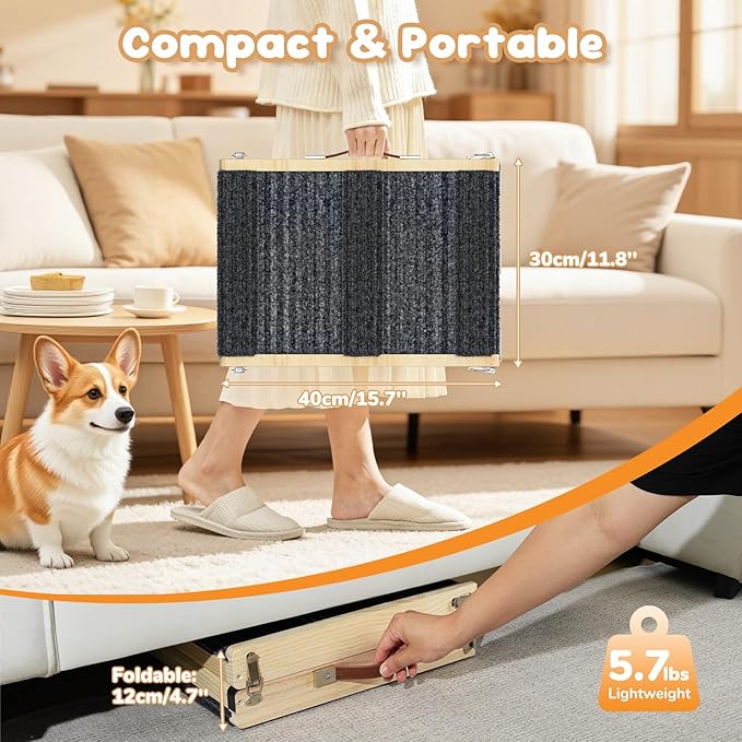 Pawaboo Foldable Dog Ramp for Couch & Sofa – 4 Adjustable Heights (13"-21") with Non-Slip Pad, Portable Pet Stairs for Small Dogs & Car, Supports Up to 33 lbs, Wood