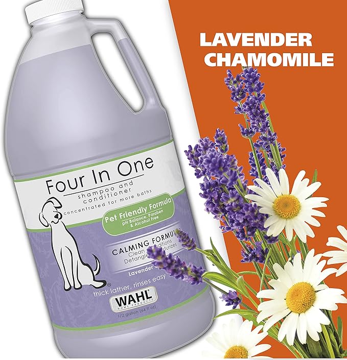 Wahl USA 4-in-1 Calming Pet Shampoo for Dogs, Lavender Chamomile, 64 oz | Half Gallon Shampoo For Multi-Dog Families To Clean, Condition, Detangle, And Moisturize Fur During Bath - Model 821000-050