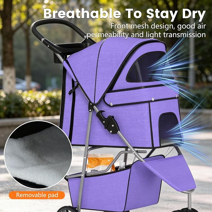 BestPet 3-Wheel Pet Stroller - Purple, Breathable Mesh