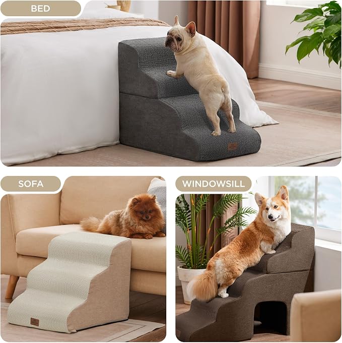 Joydeco Dog Stairs for Bed 22.8" H, 4-Step Pet Steps for Small Dogs and Cats, Dog Steps for High Bed, Non-Slip Balanced Ramp Indoor Pet Stairs, Beige