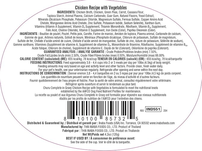 INABA Churu Complete in Gravy for Dogs, Grain-Free, High Protein, Wet Dog Food with Fish Oil, 4.2oz. Cup, 12 Cups, Chicken Recipe with Vegetables