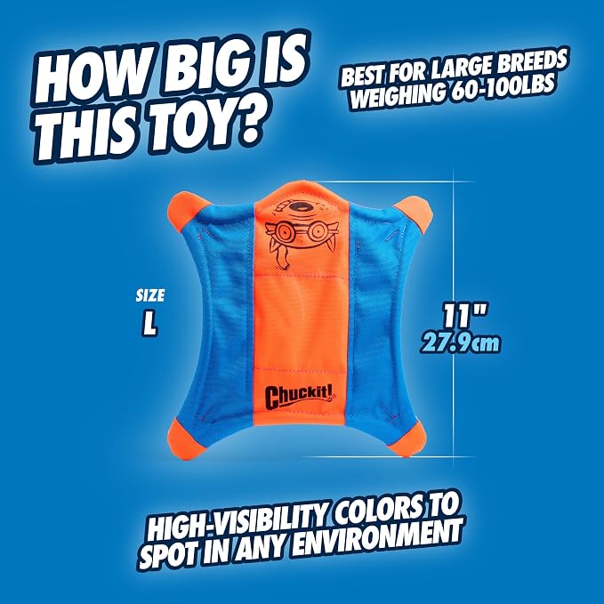 Chuckit! Flying Squirrel Fetch Dog Toy, Large, 11in, Orange and Blue
