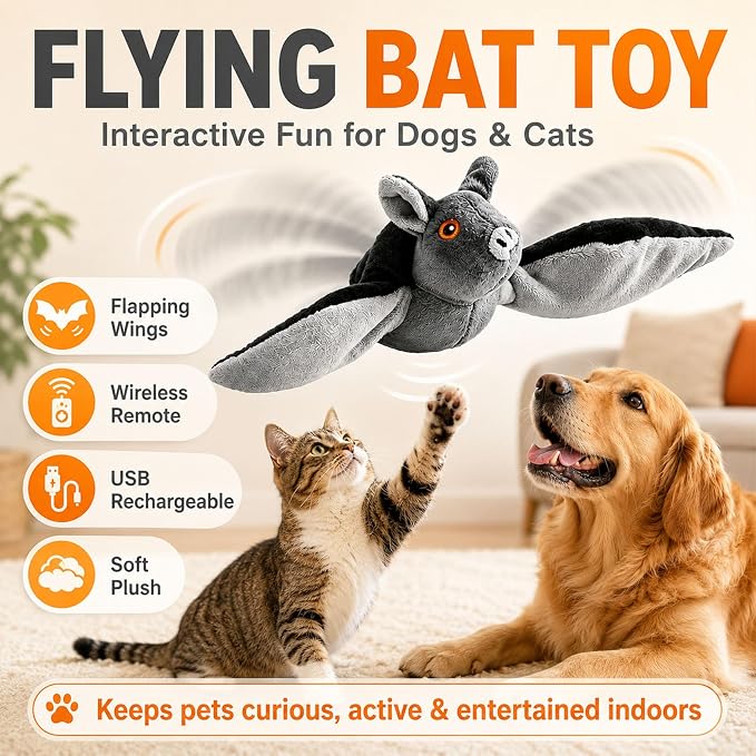 Flying Bat Dog Toy, Flying Bat Toy for Dogs & Cats with Flapping Wings and Chirping Sound, Motion-Activated Interactive Pet Toy for Hanging, Ground and Indoor Chase Play (1PC)