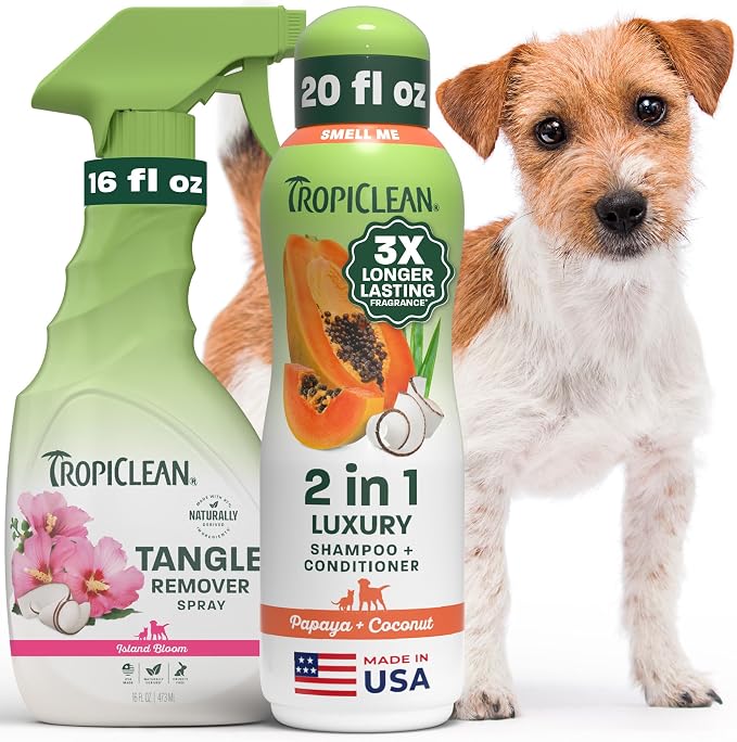 TropiClean Dog Shampoo and Conditioner & Dog Detangler Spray, Set of 2