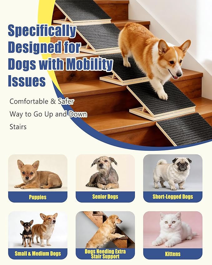 Dog Ramp for Stairs, 6 Pack Wooden Dog Stair Ramps for Small Dogs Only, Foldable Non-Slip Pet Ramp for Longer Indoor Stairs, Adjustable Step Support for Senior & Short-Legged Pets