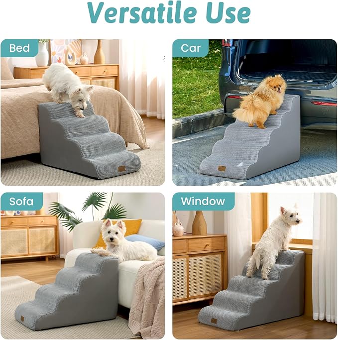 COZY KISS Wide Dog Stairs for Small Dog 19.7" H, 4 Step Pet Ramp for Bed | Curved Stable Dog Step for Puppy, Older Cat, Senior, Medium, Short-Legged Dog, Non-Slip Ladder, 17.7 inch Width, Grey