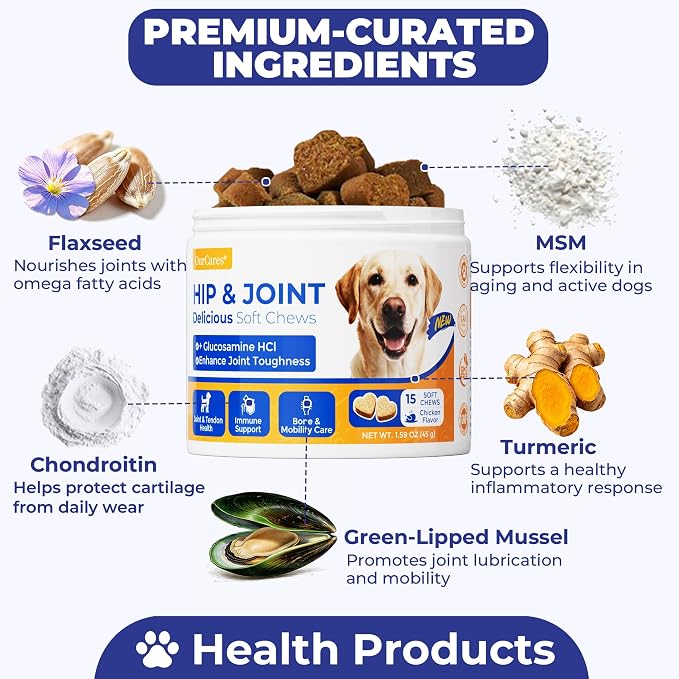 Hip & Joint Supplement for Dogs, Hip and Joint Chews Support Mobility, Senior Small All Breed Pain Relief with Glucosamine Chondroitin MSM Turmeric Green Lipped Mussel, Chicken Flavor, 15 Ct
