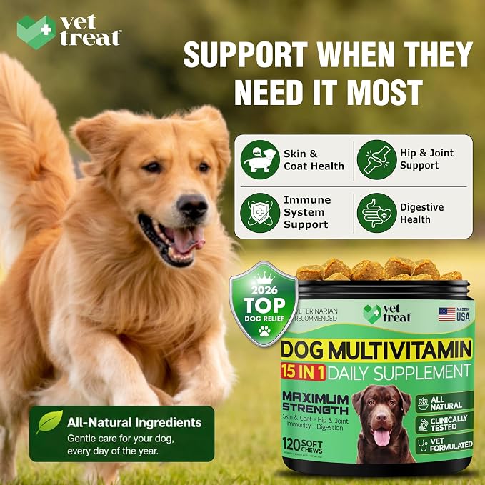 Dog Multivitamin – 15 in 1 Daily Supplement for Dogs with Glucosamine, Probiotics, Omega Fish Oil & Vitamins – Skin Coat, Immunity, Digestion, Hip & Joint Support – Made in USA – 120 Soft Chews