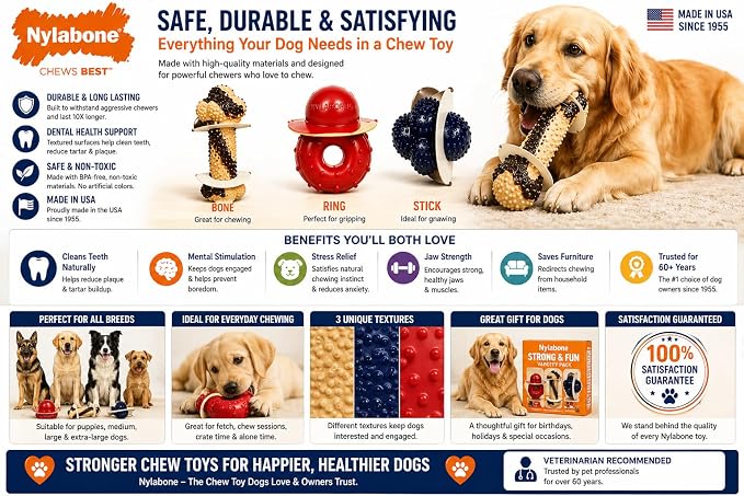 Nylabone Tough Dog Chew Variety Pack, 3 Count | Long-lasting nylon satisfies aggressive chewers, promotes dental health, reduces destructive behavior,vet-recommended
