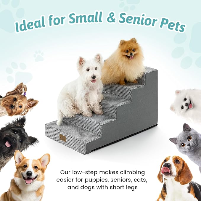 COZY KISS Dog Stairs for Small Dogs, 5 Step Pet Stairs for Beds & Couches | 17.7" H Non-Slip Dog Steps for Bed & Sofa, Gentle Incline for Puppies, Senior Cats, and Small Dogs, 17.7x29.5x17.7 in, Grey