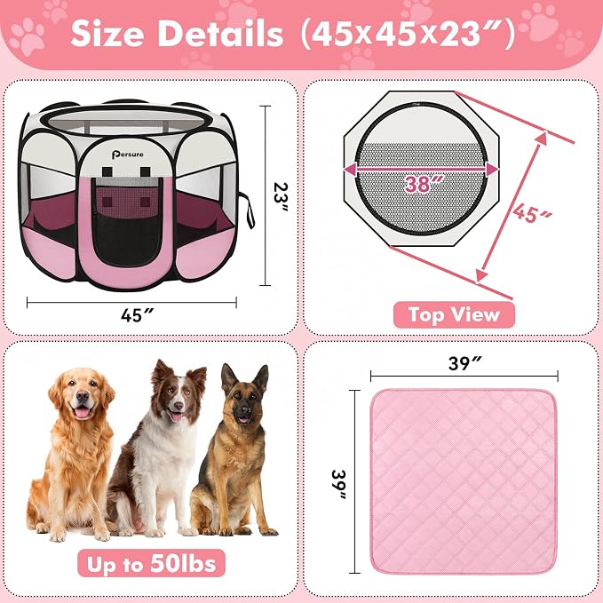 Dog Cat Playpen Indoor Outdoor for Puppy Pet Dogs Cat Recovery After Surgery, Dog Tent Crates Cage Indoor/Outdoor, Portable Pop Up Kennel with Carrying Case for Travel (Pink with Pad, Large)