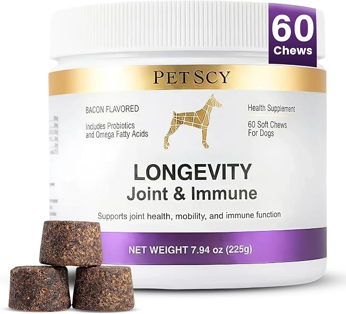 Petscy Longevity Hip & Joint + Immune Support Chews for Dogs - 3.75g Chew - High Dose Glucosamine, MSM, Chondroitin, Green Lipped Mussel, Omega 3, Probiotics - 60 Chews (Small & Medium Dogs)
