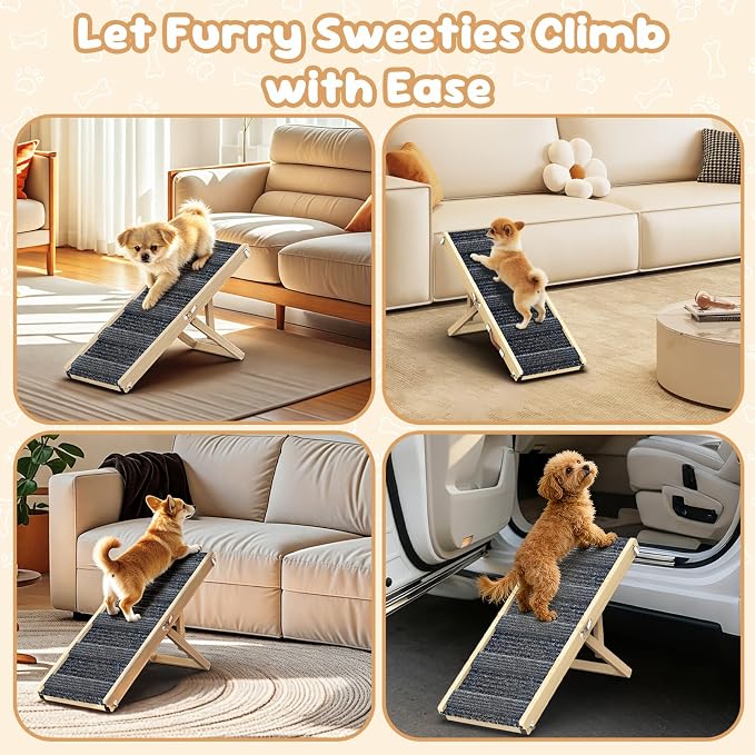 Pawaboo Dog Ramp, Foldable Small Dog Ramp for Couch Sofa Stairs, 4 Adjustable Height from 13'' to 21", Pet Ramps with Non-Slip Pad, Wood