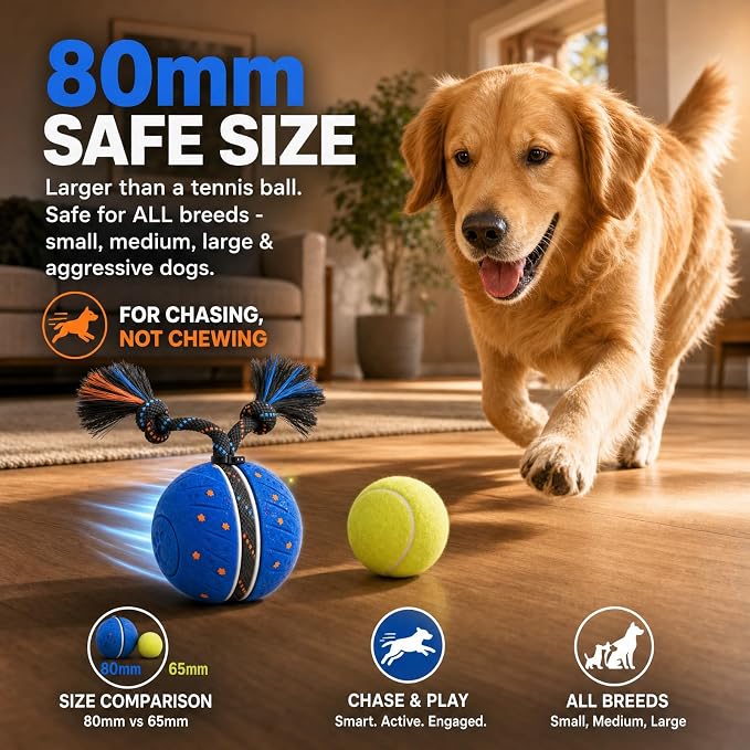 Interactive Smart Dog Ball Toy with Swinging Tail, Durable E-TPU Quiet Automatic Rolling Ball for Dogs to Chase, Self-Moving Dog Ball with Motion Activated, Rechargeable Small Medium Large Dog Toy