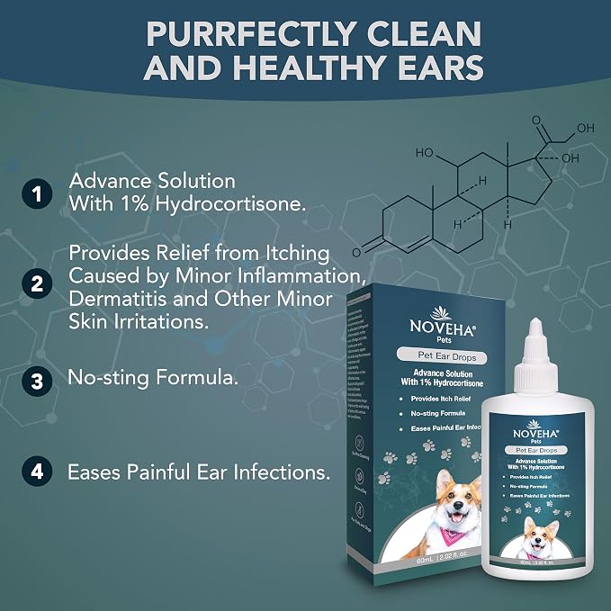 NOVEHA Pet Ear Drops with 1% Hydrocortisone | Ear Cleaner for Dogs & Cats for Earwax buildup, - No-Sting Formula, Calms Itch & Reduces Painful Ear Infections 60mL (60ml (Pack of 1))