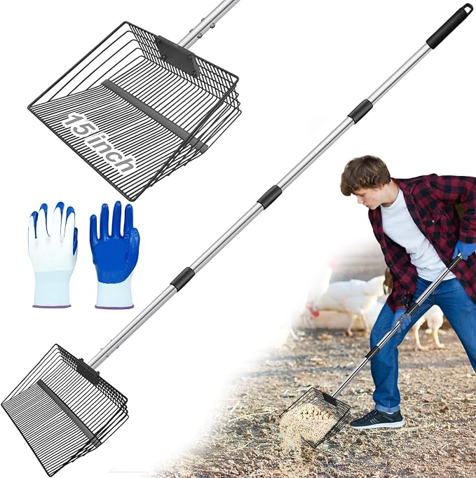 15 inch Large Chicken Poop Scooper and Rake for Sand for Shavings 74" Heavy Duty Pooper Scooper Long Handle Chicken Coop Scoop for Cleaning Tools 5-in-1 Sifting Shovel for Chicken Scoop supplies