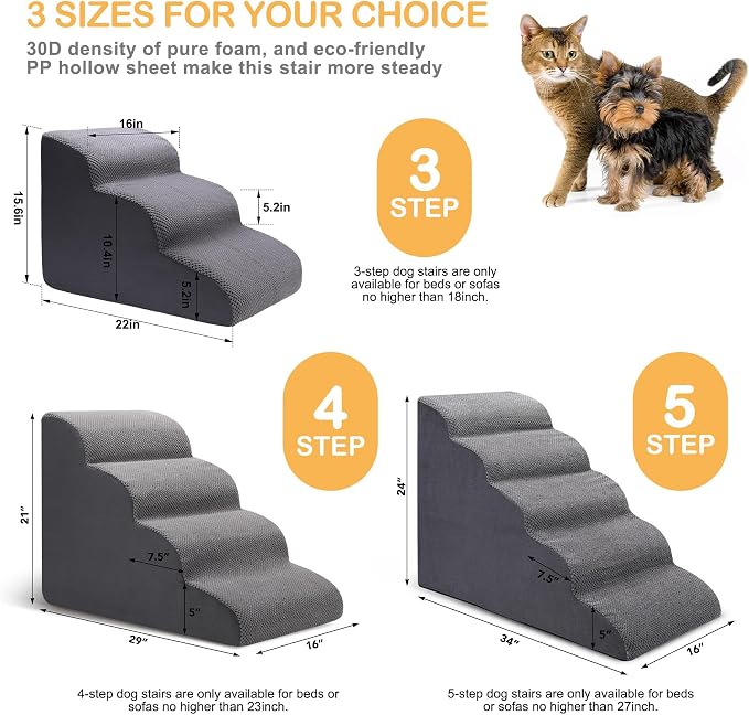 CiWiVOKi Dog Stairs for Bed, 5-Step Dog Steps for Couch and High Bed, Non-Slip Pet Stairs, 24" High Sofa Foam Ramp - Best for Small Pets, Older Cats with Joint Pain
