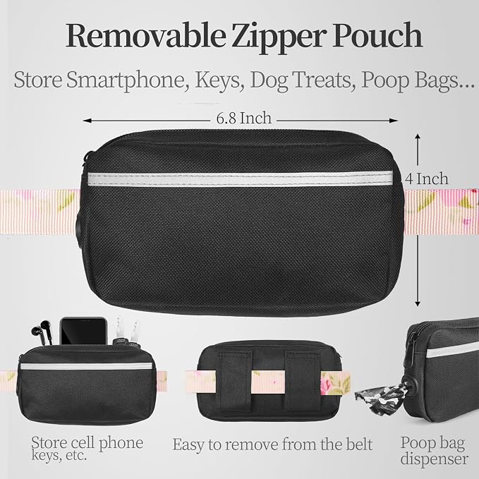 iYoShop Hands Free Dog Leash with Zipper Pouch, Pink Sakura, Large | Waist Leash, Dual Padded Handles, Shock-Absorbing Bungee, Adjustable Waist Belt, Walking and Running