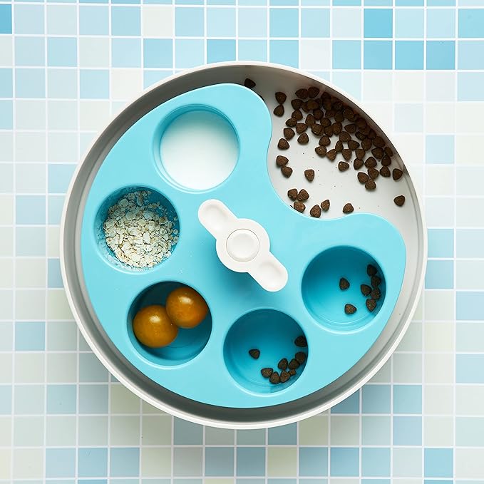 PetDreamHouse Spin Interactive Slow Feeder Food Bowl for Dogs, Adjustable & Moving Center Puzzle Piece, Palette Design, Moderate Skill Level Pallet Blue