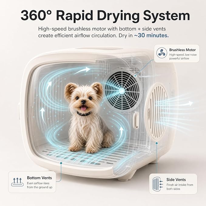 Pet Grooming Dryer Box (For Pets Up to 16lbs) | High-Efficiency & Quiet <26dB, Smart Temperature Control, 25-60 Minute Fast Drying, Negative Ion Hair Care