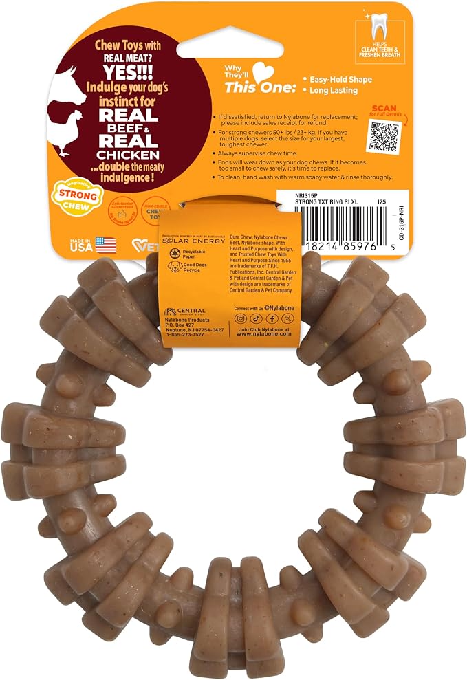 Nylabone Strong Chew Ring Dog Chew Toy Made with Real Beef & Chicken | X-large breeds, durable, long-lasting dog bone, textures help clean teeth, keeps dogs busy, for dogs 50+ lbs