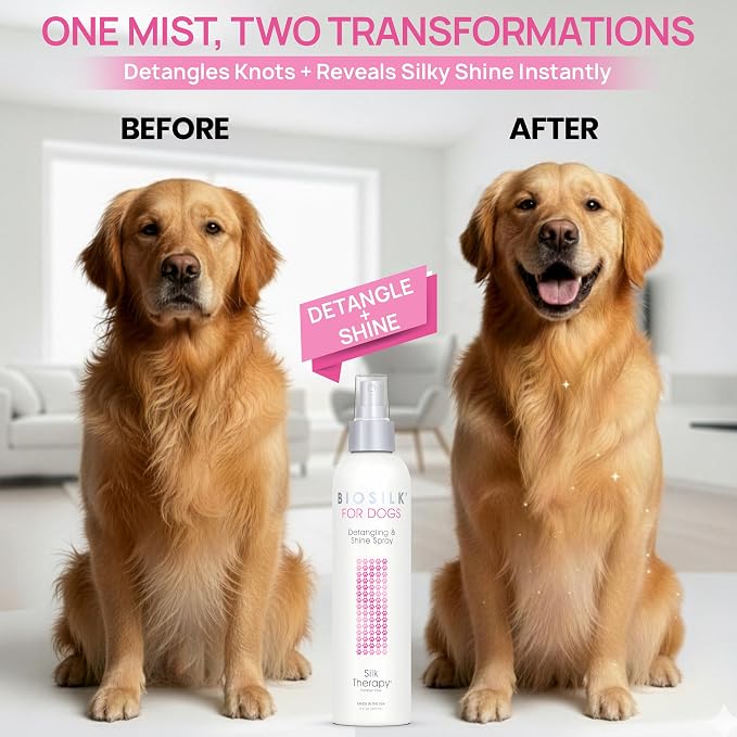 BioSilk for Dogs Silk Therapy Detangling and Shine Spray, 8 Fl Oz, 2-Pack | pH-balanced, paraben-free leave-in mist with silk and vitamins, dematting spray for all coats and breeds