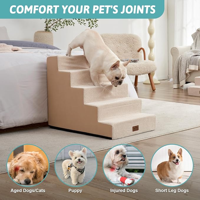 COZY KISS Dog Stairs for Small Dogs, 5 Step Pet Stairs for Beds & Couches | 23.6" H Wider Non-Slip Dog Steps for Bed, Ideal for Puppies, Senior Cats, and Small to Medium Dogs, 19.7x29.5x23.6 in, Beige