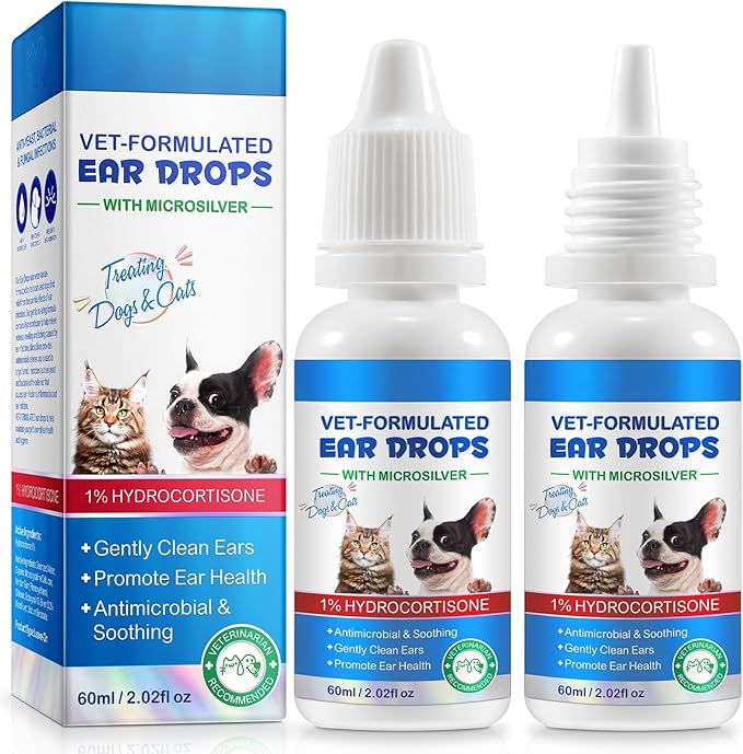 2Pcs Ear Drops for Dogs & Cats with 1% Hydrocortisone, 2.02 fl oz