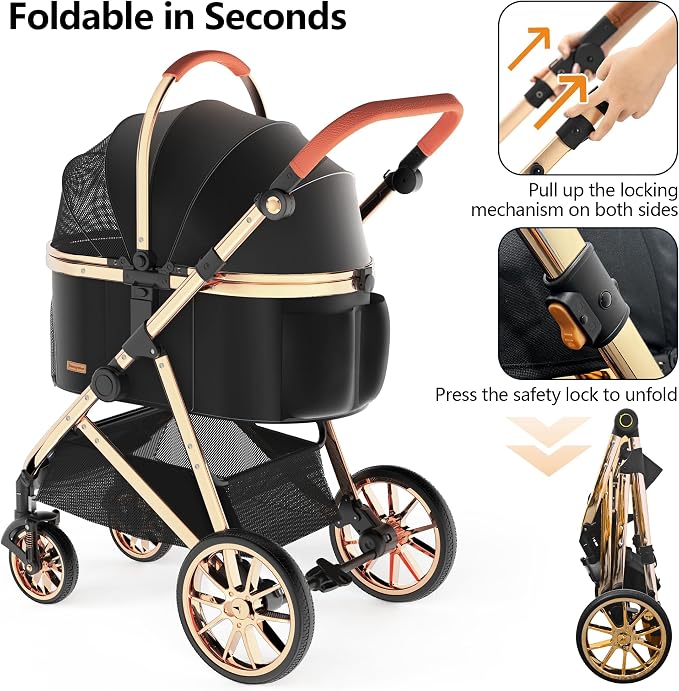 Kenyone Luxury 3-in-1 Pet Stroller - Black (C910L), Detachable Carrier