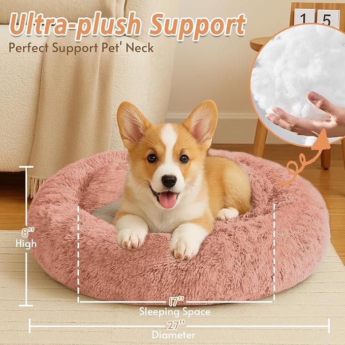 JOLLYVOGUE 27" Calming Donut Dog & Cat Bed, Peach Pink