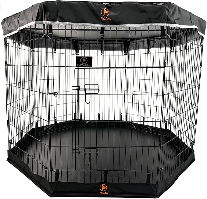 PJYuCien Octagonal Dog Playpen with Top Cover and Bottom Pad - Metal Foldable Exercise Pen, 8 Panels 42" H x 24" W Indoor Outdoor Pet Fence Puppy Crate Kennel, Black
