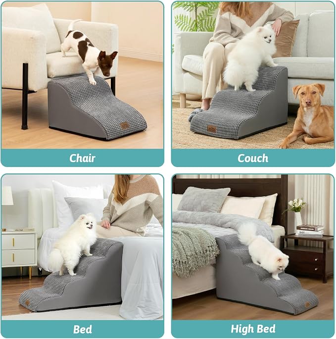 COZY KISS Dog Stairs for Small Dogs 19.7" H, Curved Dog Step for Puppy, Older or Cat, Medium Pet Ramp for Sofa, Couch or Bed, Ladder with High Density Foam, 4 Step, 15.7x28.3x19.7 inch, Dark Grey
