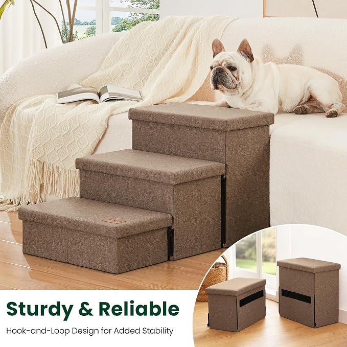 Love's cabin Dog Stairs for High Bed 18" H, Foldable Pet Stairs for Small Medium or Large Dogs Puppy with Storage for Bed or Couch, Cat Dog Steps Ramp with Zip up to 200 lbs, Light Brown, 3 Steps