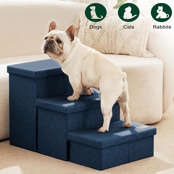 Love's cabin Dog Stairs with Storage, 3 Steps Wider Dog Steps for High Bed 18" H, Foldable Pet Stairs for Small Medium Large Dogs Cats for Bed Couch Car, Ramp with Zip up to 200 lbs, Navy Blue