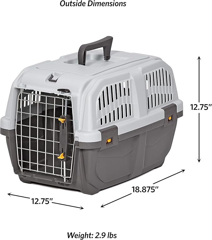 Skudo by MidWest 19-Inch Travel Carrier, Gray, Fits Pets up to 10 lbs | Hard-Sided Pet Carrier, Travel Crate with Handle, Ventilated Design, Locking Tabs, Easy Assembly