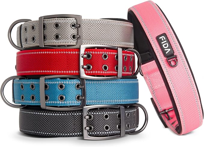 Fida Heavy Duty Dog Collar for Large Dogs with Metal Belt Buckle, Black | 1.5" Width, Soft Neoprene Padded, Thicker Nylon Webbing, Adjustable Fit, Reflective Stitching for Night Safety