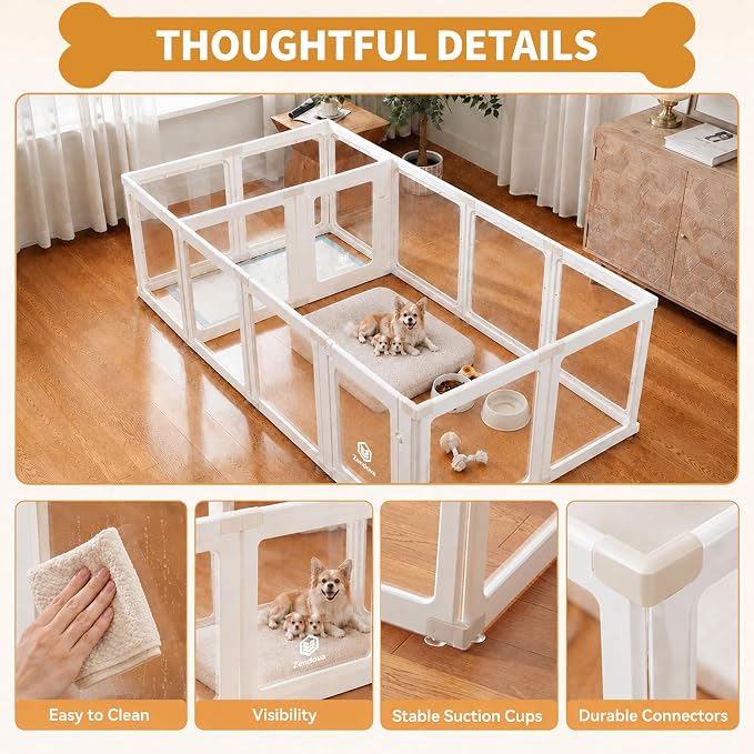 2PCS Extension Kit for Acrylic Dog Playpen Indoor, 23.6 Inch DIY Kit Expansion for Puppy Playpens with Easy Assemble, Easy Clean Acrylic Panels (White, 1 Panels + 1 Gate + 4 Khaki T-Buckles)