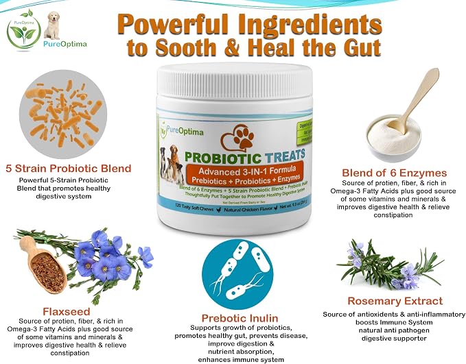 Probiotics Chews for Dogs, Digestive Enzymes + Prebiotics Improves Digestion, Diarrhea, Constipation, Gas, Bad Breath, Leaky Gut, Allergy Immunity Daily Supplement 120 Counts