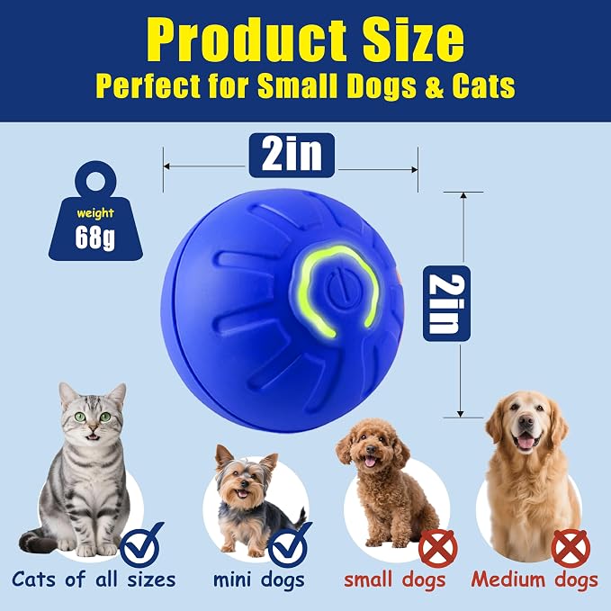 Interactive Self-Moving Pet Toy Ball - Motion-Activated Auto Rolling, Military-Grade Chew Resistant, USB-C Rechargeable for Small Dogs & Cats (Blue,2in Small1)