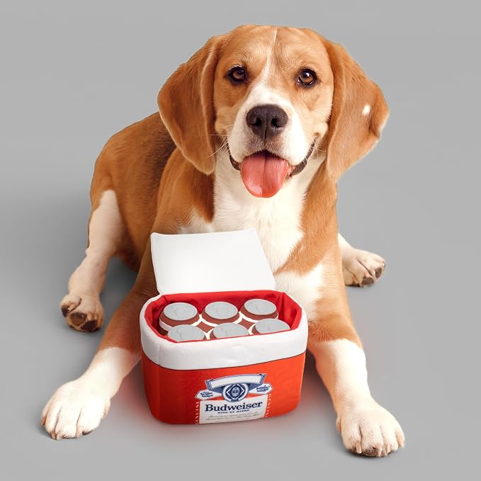 Budweiser, Nesting Dog Toy Plush Cooler with Rubber Toy Beers & Bandana | Official Merchandise, Interactive Squeaky Dog Toys for Hide & Seek Fun, Includes Budweiser Dog Bandana