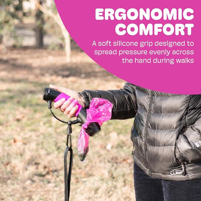 Dog Gone Smart I’m Gismo Handle with Poop Bag Dispenser - Ergonomic One-Hand Leash Holder with Silicone Grip - Smooth Rail System for Controlled Walks - Supports Dogs Up to 85 lbs - Hot Pink