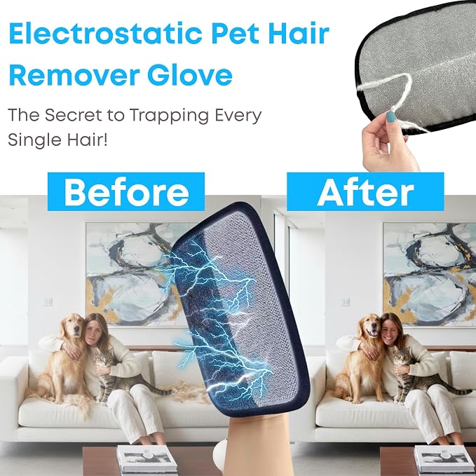Pet Hair Removal Glove for Cats and Dogs. Electrostatic Pet Hair Glove, Medium