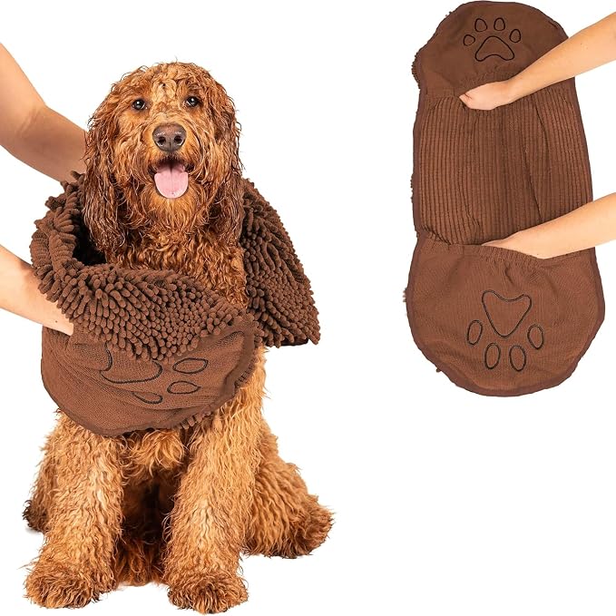 Dog Gone Smart The Dirty Dog Shammy - Fast Drying Plush Shammy Towel with Dual Hand Pockets and Elastic - Super Absorbent Polyamide Microfiber & Machine Washable - Brown, X-Large
