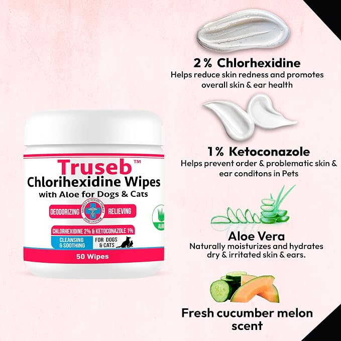 Pet Health Pharma Truseb Topical Ketoconazole and Chlorhexidine Wipes for Dogs, Cats and Horses - with Aloe for Cleansing - 50 Count (Ketoconazole & Chlorhexidine Wipes, 50 Count)